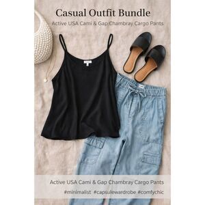 Gap Chambray Pants Large + Active USA Black Cami 1X Casual Lounge Outfit Set
